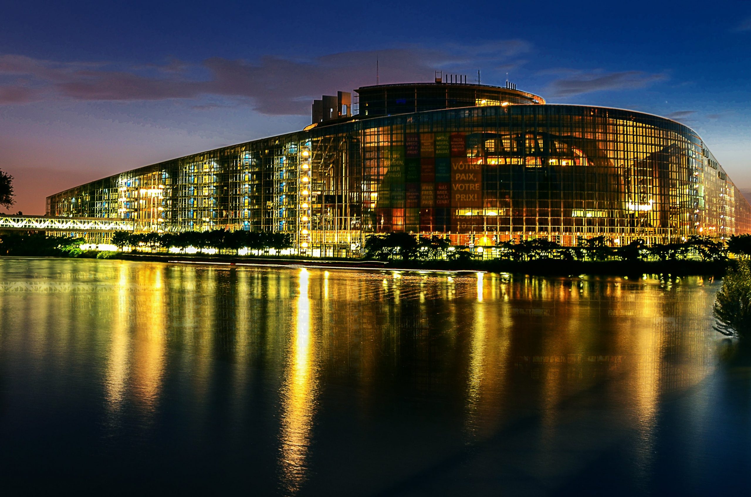 European Parliament at night.