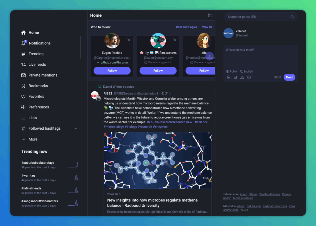 Homepage of Vebinet showing Vebinet UI, timeline and people to follow from different parts of the fediverse.