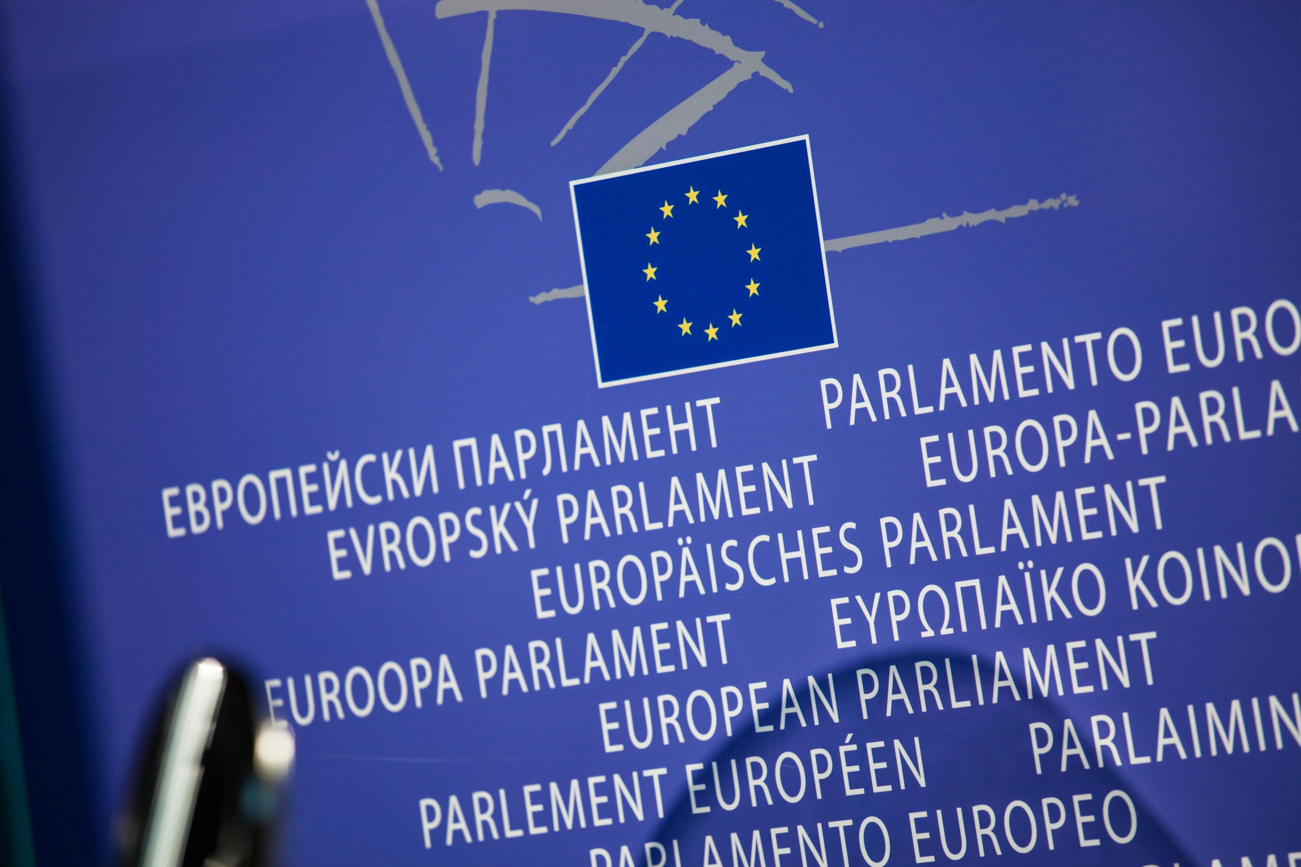 European Parliament's names in several EU languages under the flag of the European Union.