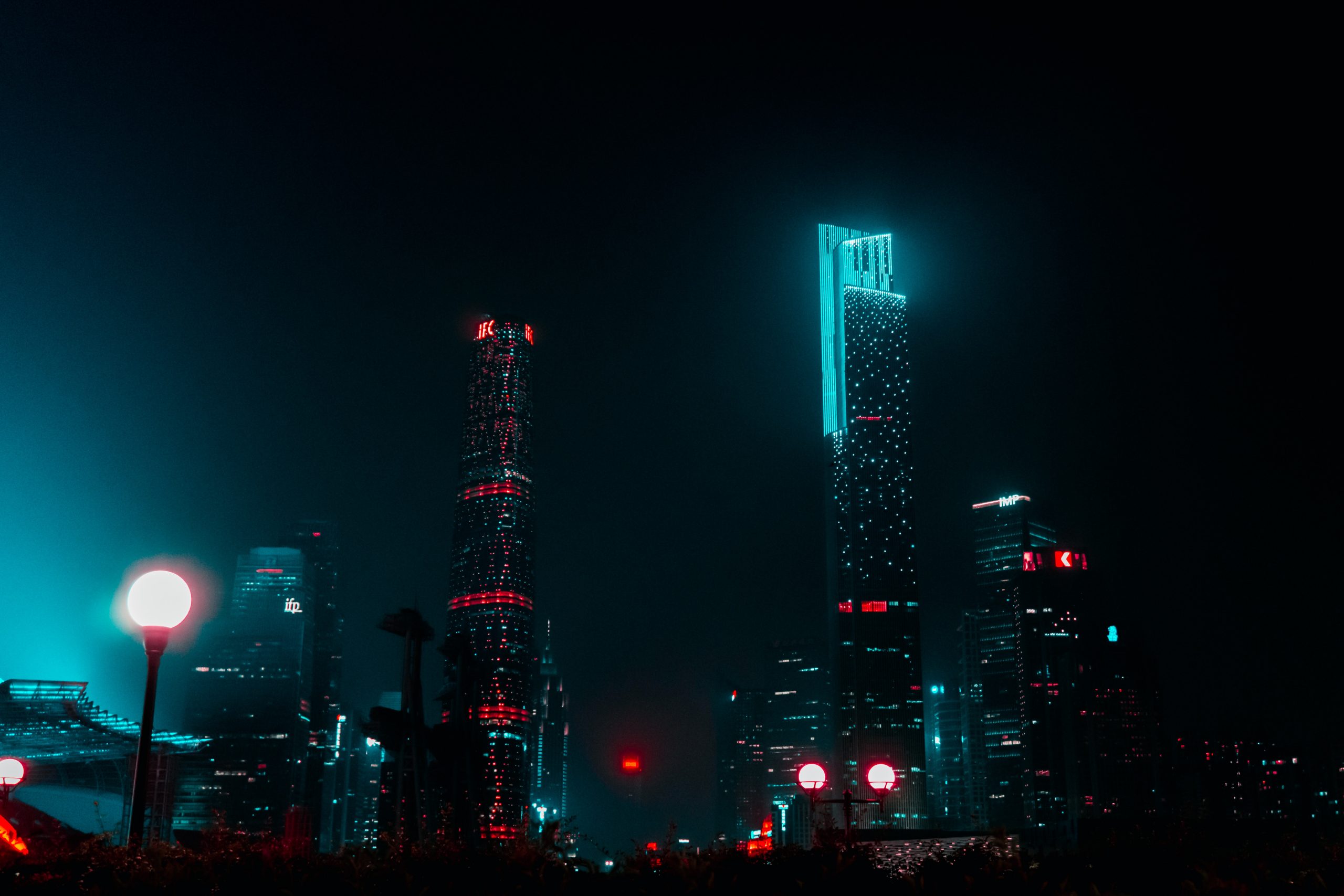 High-rise buildings during night-time in Guangzhou, China.